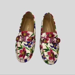 Salvatore Ferragamo White Patent Leather Floral Centro Driver